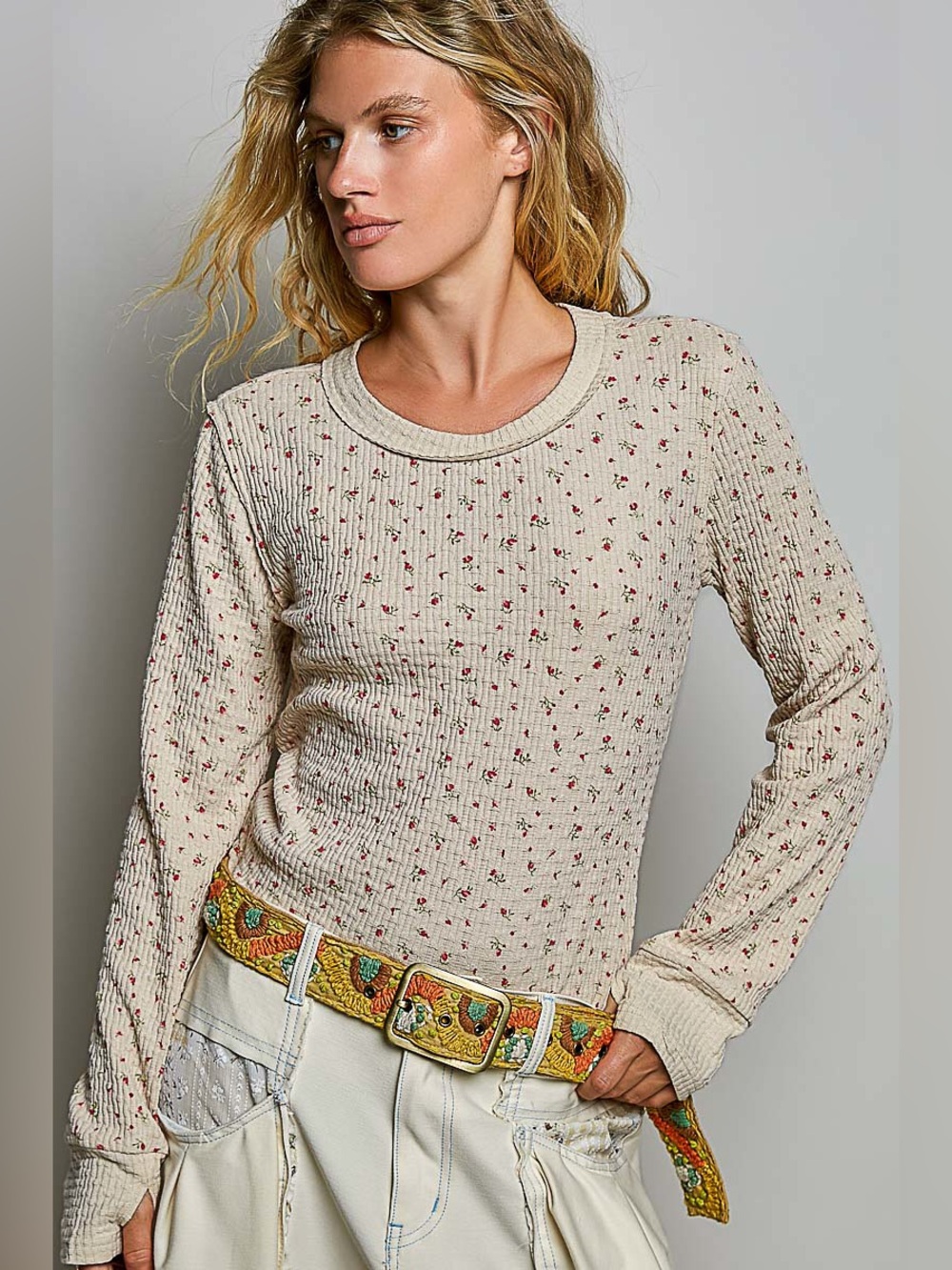 ♥️POL Ribbed Knit Floral Crew Neck Long Sleeve Top-Latte
